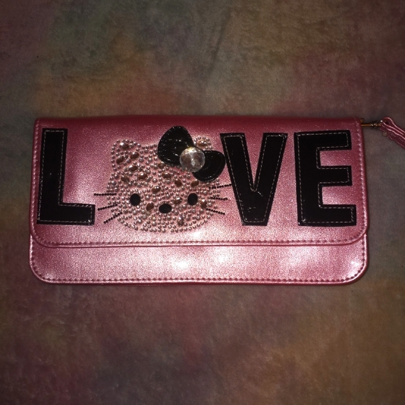 Hello Kitty Loungefly Barbie Pink Metallic Rhinestone Love Wristlet Clutch - Picture 9 of 16